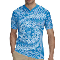 Tahitian Tiare Flower Rugby Jersey Blue Polynesian Pattern LT9 - Polynesian Pride