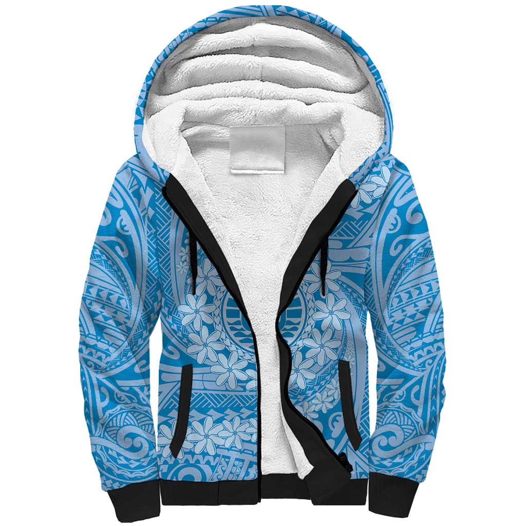 Tahitian Tiare Flower Sherpa Hoodie Blue Polynesian Pattern