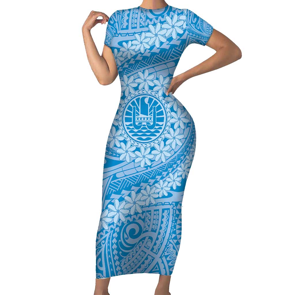 Tahitian Tiare Flower Short Sleeve Bodycon Dress Blue Polynesian Pattern LT9 Long Dress Blue - Polynesian Pride