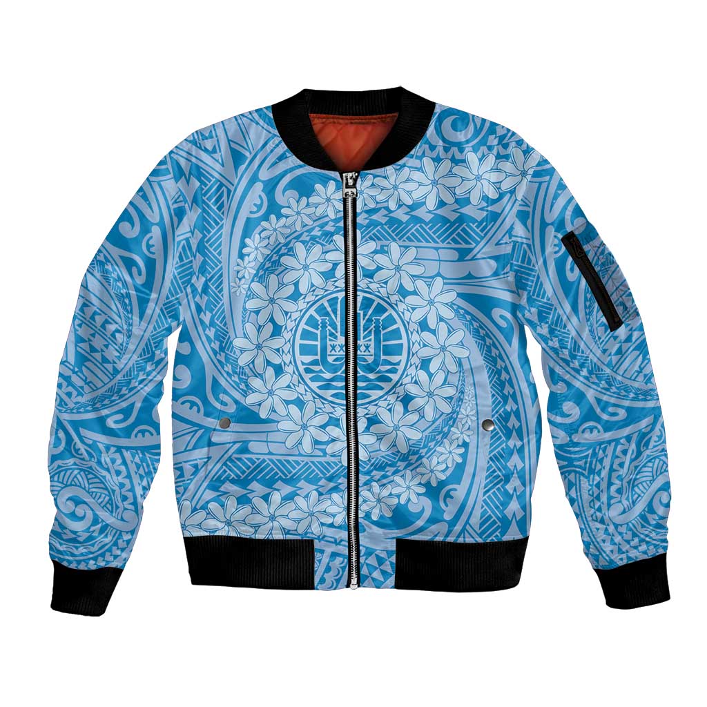 Tahitian Tiare Flower Sleeve Zip Bomber Jacket Blue Polynesian Pattern LT9 Unisex Blue - Polynesian Pride
