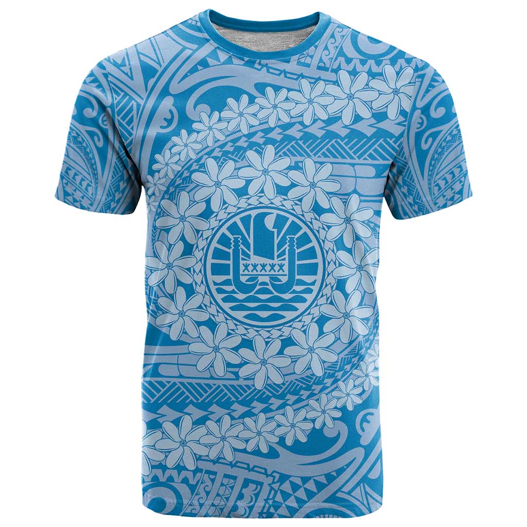 Tahitian Tiare Flower T Shirt Blue Polynesian Pattern