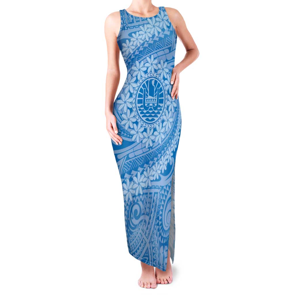 Tahitian Tiare Flower Tank Maxi Dress Blue Polynesian Pattern