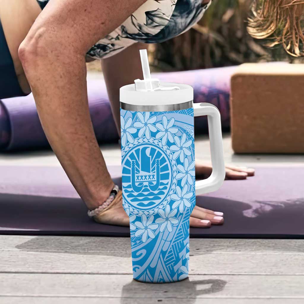 Tahitian Tiare Flower Tumbler With Handle Blue Polynesian Pattern LT9 - Polynesian Pride