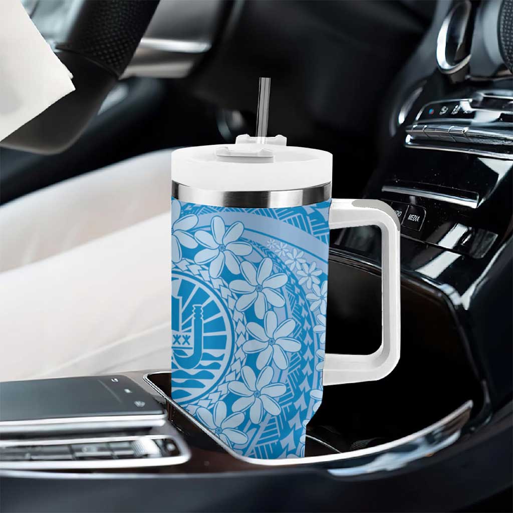 Tahitian Tiare Flower Tumbler With Handle Blue Polynesian Pattern LT9 - Polynesian Pride