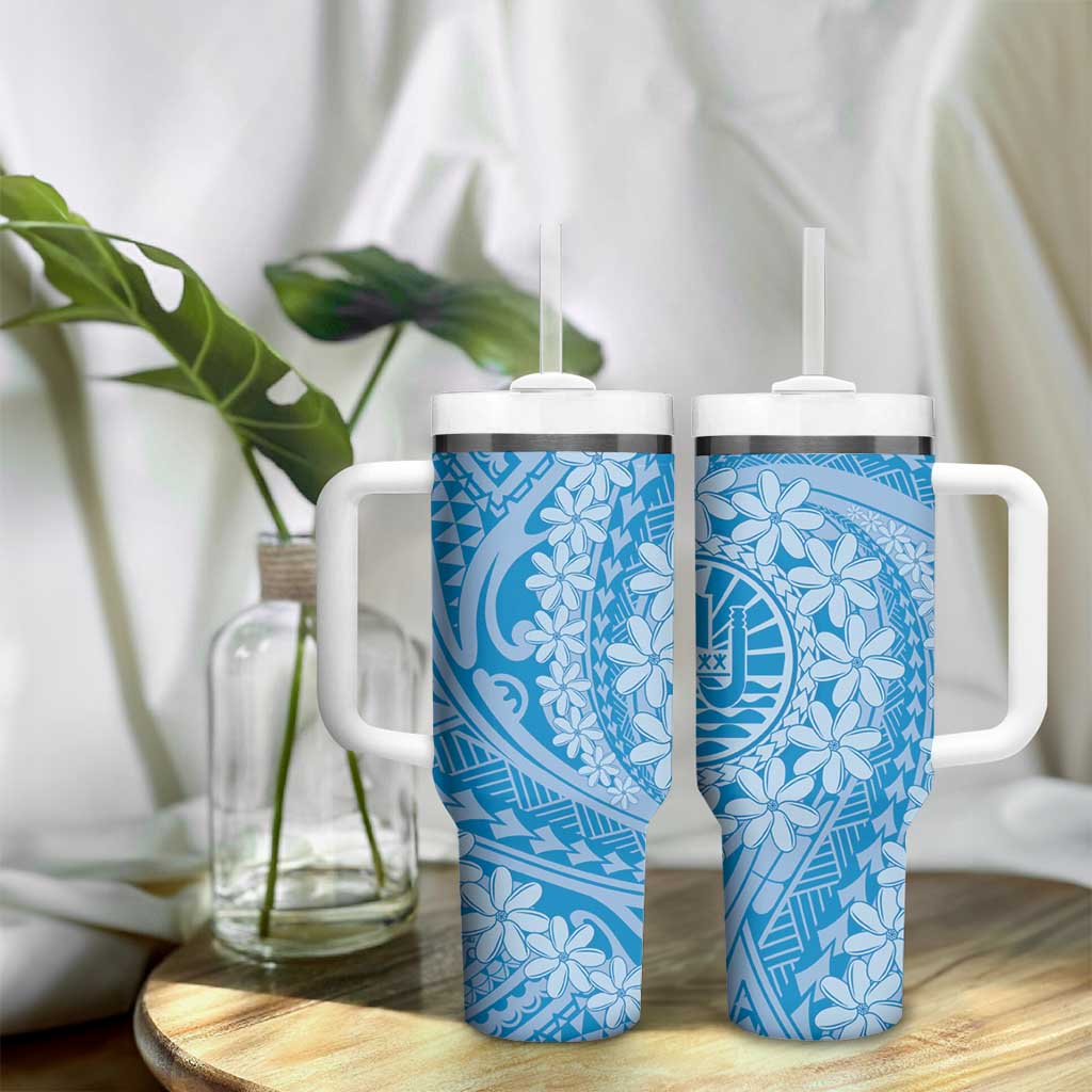 Tahitian Tiare Flower Tumbler With Handle Blue Polynesian Pattern LT9 - Polynesian Pride