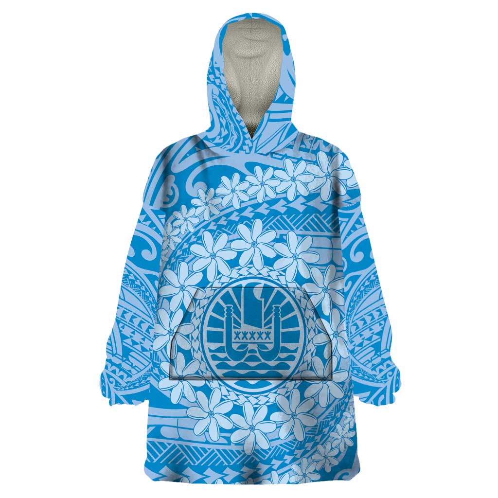 Tahitian Tiare Flower Wearable Blanket Hoodie Blue Polynesian Pattern