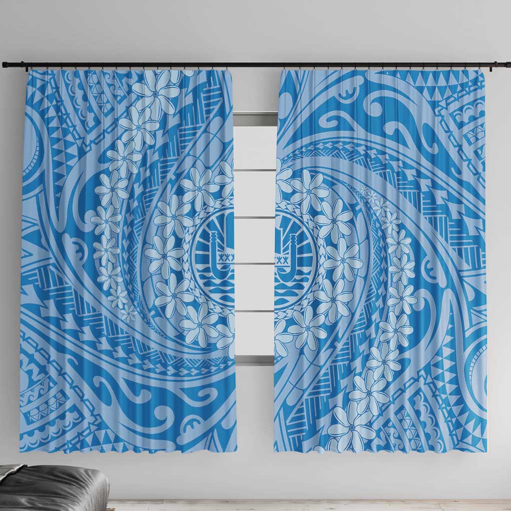 Tahitian Tiare Flower Window Curtain Blue Polynesian Pattern