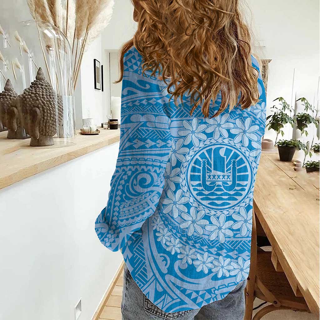 Tahitian Tiare Flower Women Casual Shirt Blue Polynesian Pattern LT9 - Polynesian Pride