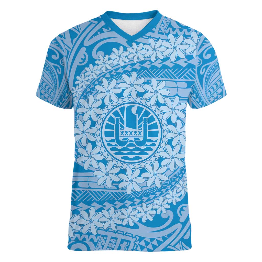 Tahitian Tiare Flower Women V-Neck T-Shirt Blue Polynesian Pattern