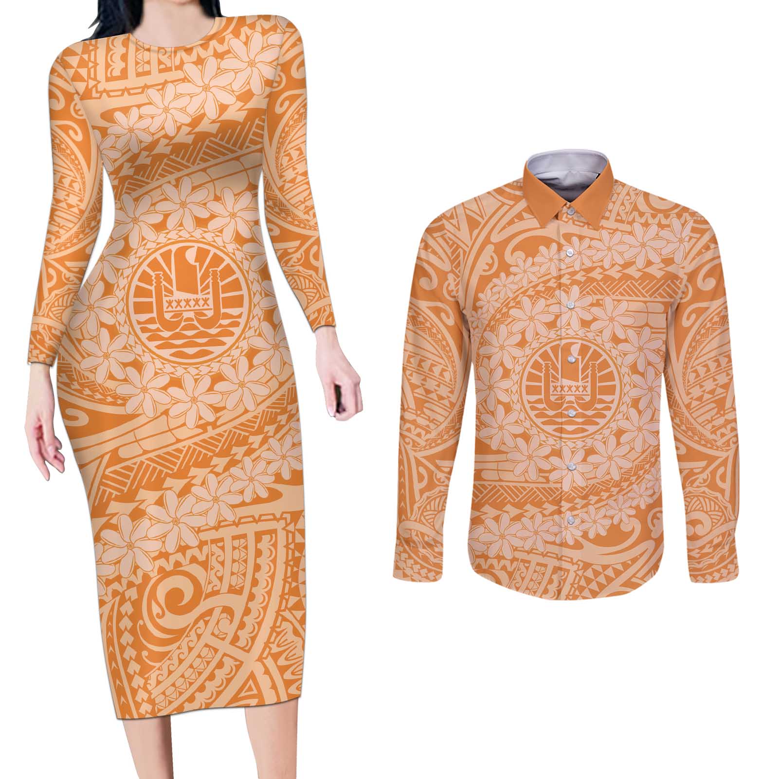 Tahitian Tiare Flower Couples Matching Long Sleeve Bodycon Dress and Long Sleeve Button Shirt Gold Polynesian Pattern