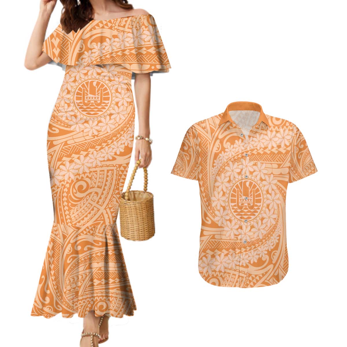 Tahitian Tiare Flower Couples Matching Mermaid Dress and Hawaiian Shirt Gold Polynesian Pattern