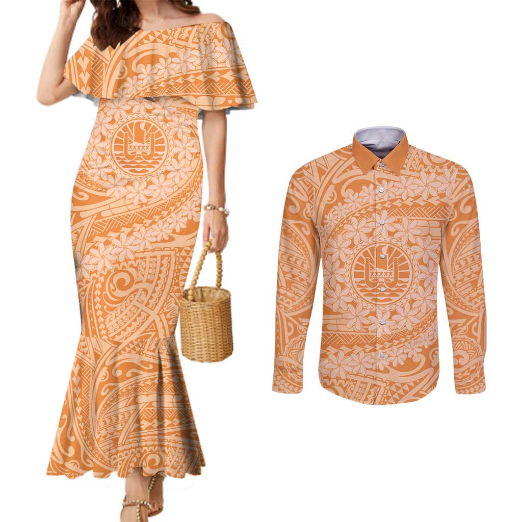 Tahitian Tiare Flower Couples Matching Mermaid Dress and Long Sleeve Button Shirt Gold Polynesian Pattern