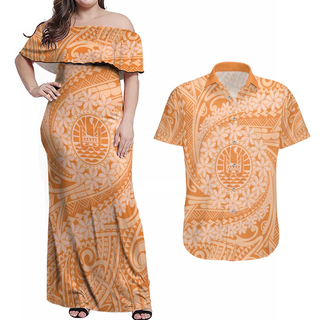 Tahitian Tiare Flower Couples Matching Off Shoulder Maxi Dress and Hawaiian Shirt Gold Polynesian Pattern