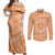 Tahitian Tiare Flower Couples Matching Off Shoulder Maxi Dress and Long Sleeve Button Shirt Gold Polynesian Pattern