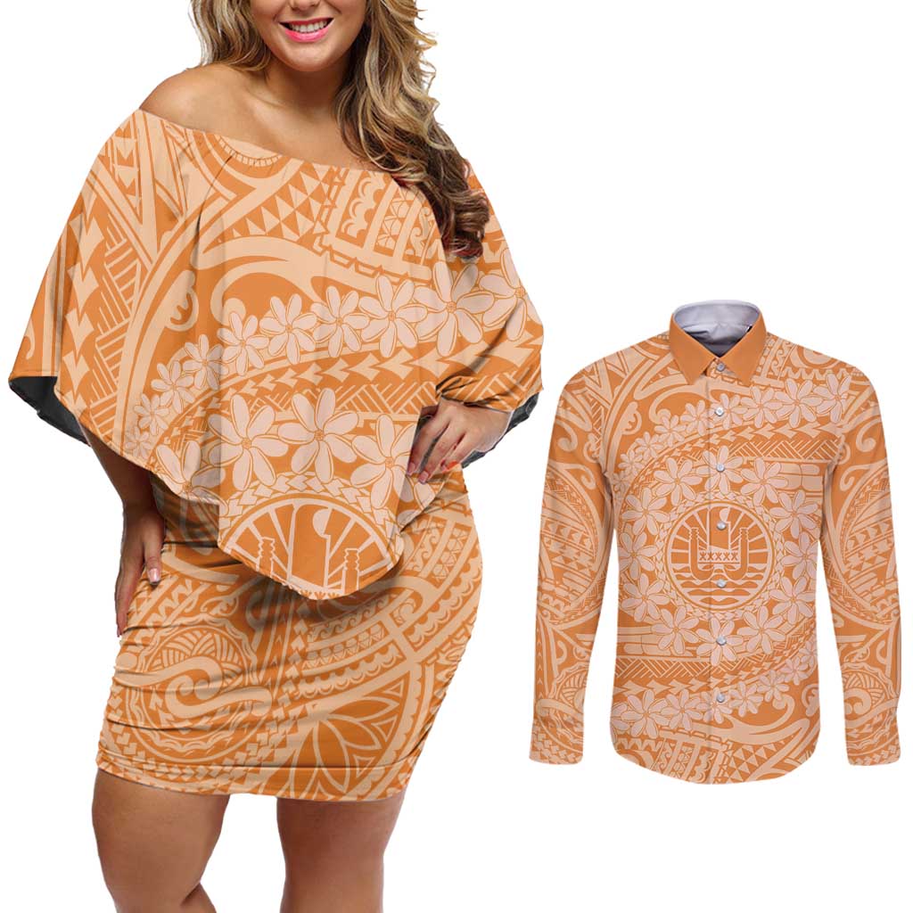 Tahitian Tiare Flower Couples Matching Off Shoulder Short Dress and Long Sleeve Button Shirt Gold Polynesian Pattern