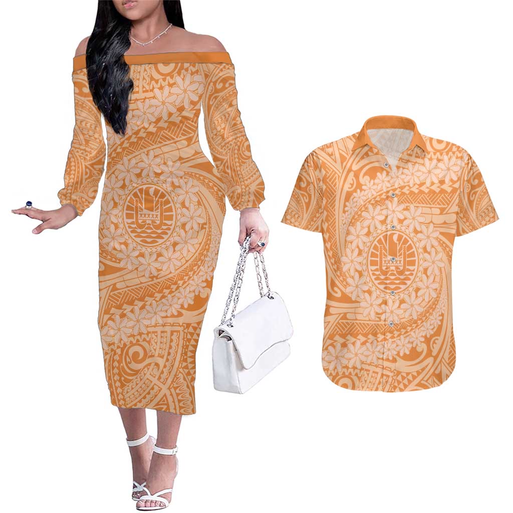 Tahitian Tiare Flower Couples Matching Off The Shoulder Long Sleeve Dress and Hawaiian Shirt Gold Polynesian Pattern