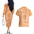 Tahitian Tiare Flower Couples Matching Off The Shoulder Long Sleeve Dress and Hawaiian Shirt Gold Polynesian Pattern