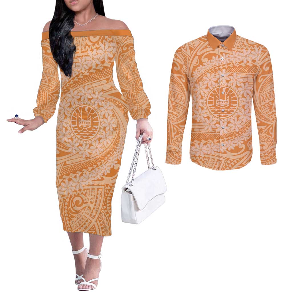 Tahitian Tiare Flower Couples Matching Off The Shoulder Long Sleeve Dress and Long Sleeve Button Shirt Gold Polynesian Pattern