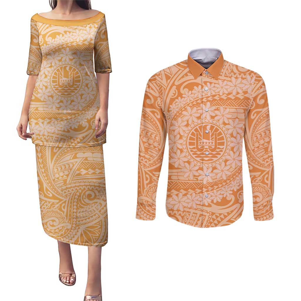 Tahitian Tiare Flower Couples Matching Puletasi and Long Sleeve Button Shirt Gold Polynesian Pattern