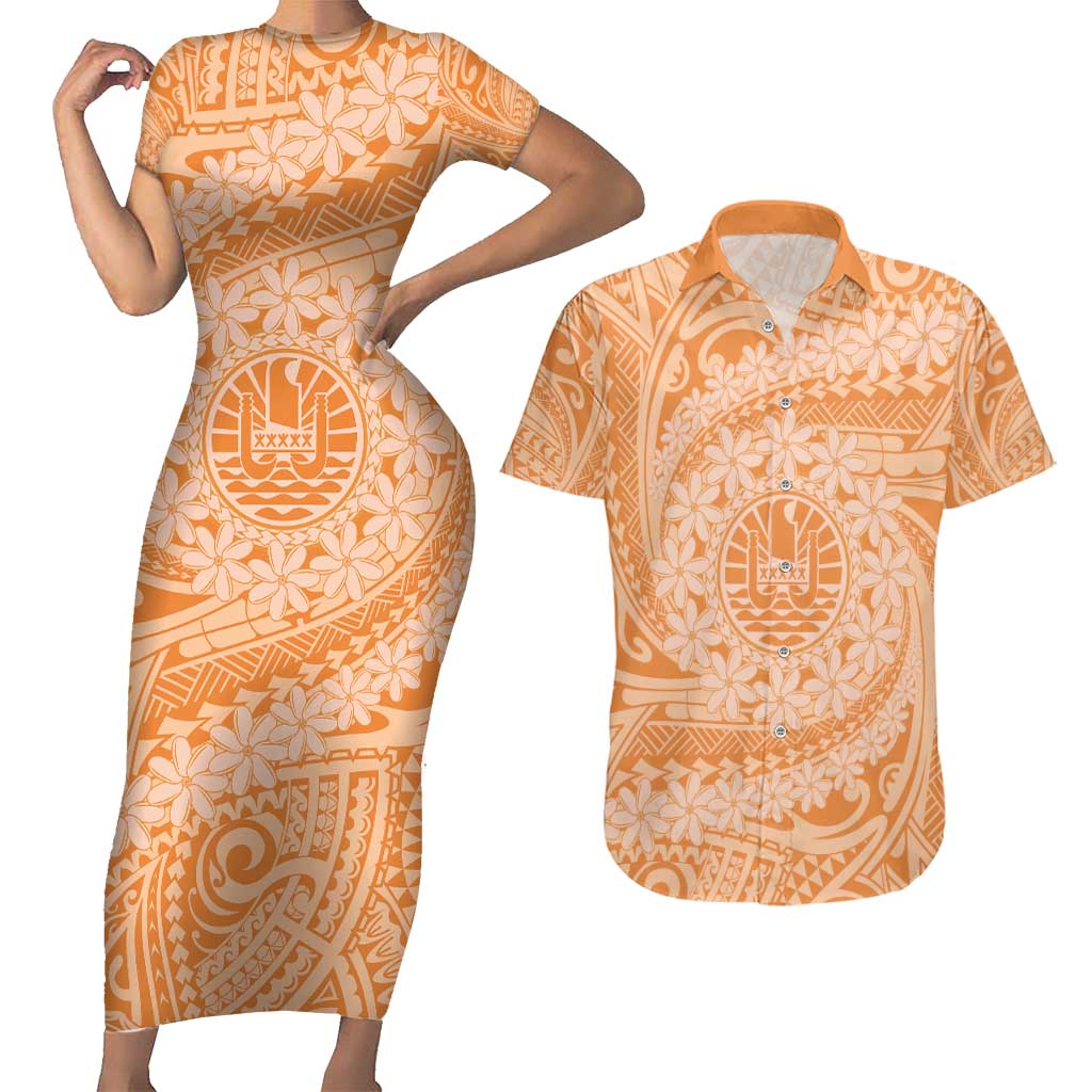 Tahitian Tiare Flower Couples Matching Short Sleeve Bodycon Dress and Hawaiian Shirt Gold Polynesian Pattern