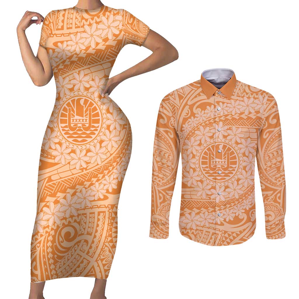 Tahitian Tiare Flower Couples Matching Short Sleeve Bodycon Dress and Long Sleeve Button Shirt Gold Polynesian Pattern