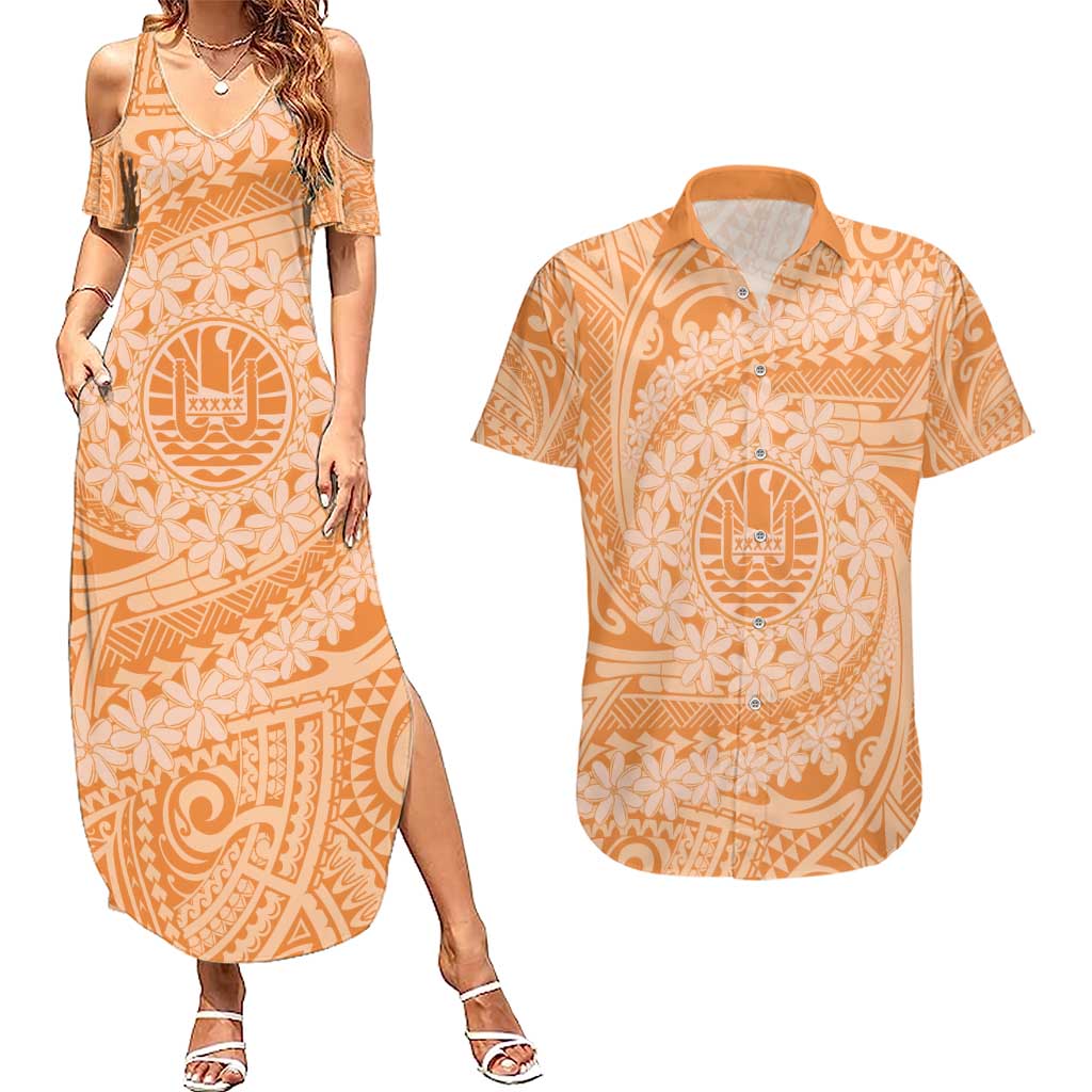 Tahitian Tiare Flower Couples Matching Summer Maxi Dress and Hawaiian Shirt Gold Polynesian Pattern