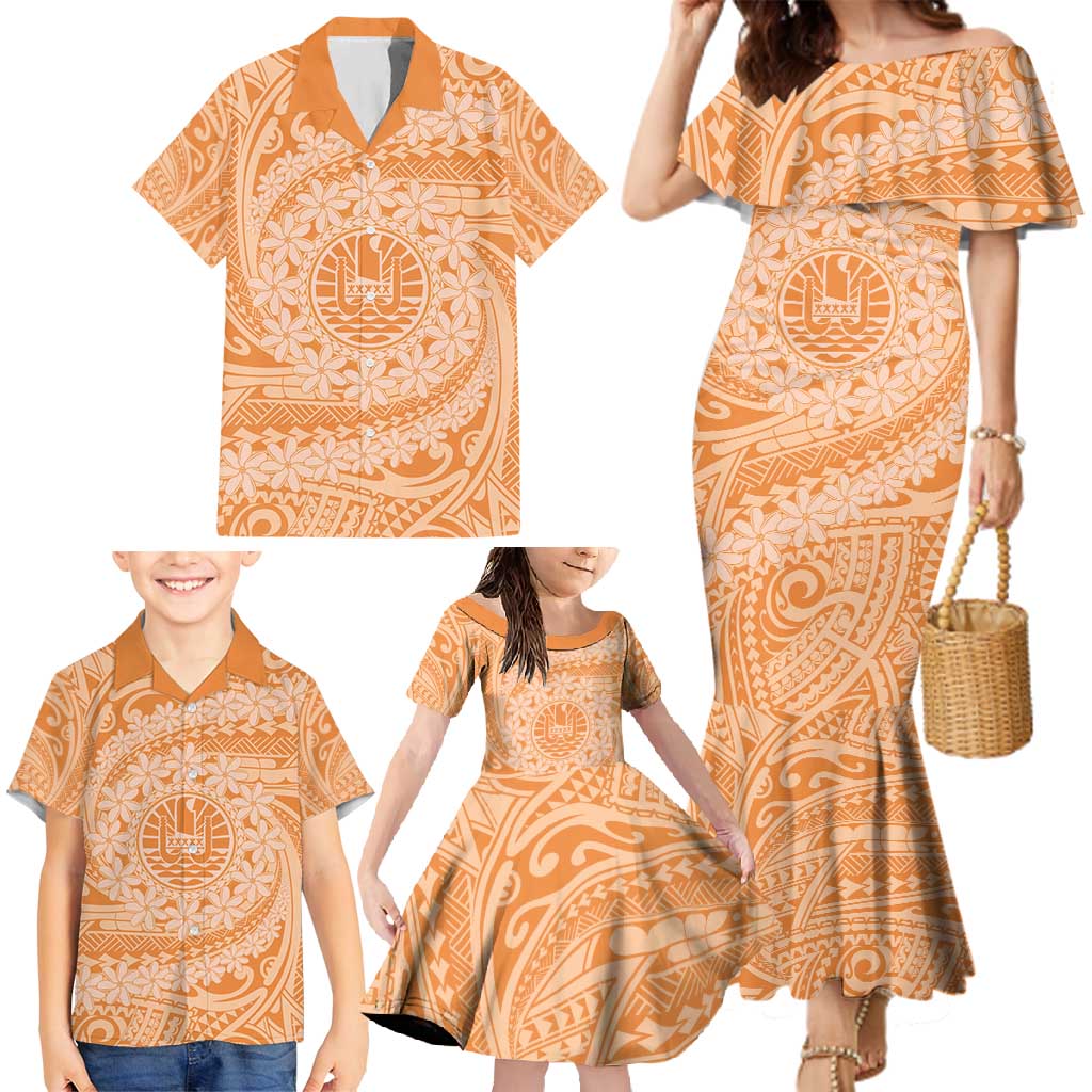 Tahitian Tiare Flower Family Matching Mermaid Dress and Hawaiian Shirt Gold Polynesian Pattern