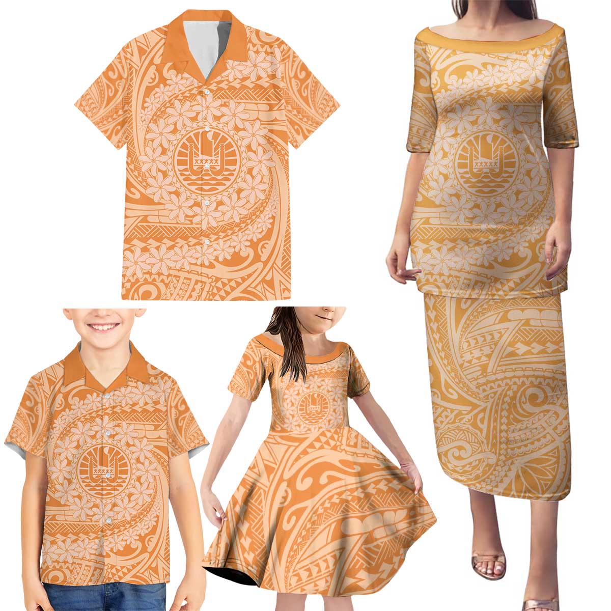 Tahitian Tiare Flower Family Matching Puletasi and Hawaiian Shirt Gold Polynesian Pattern