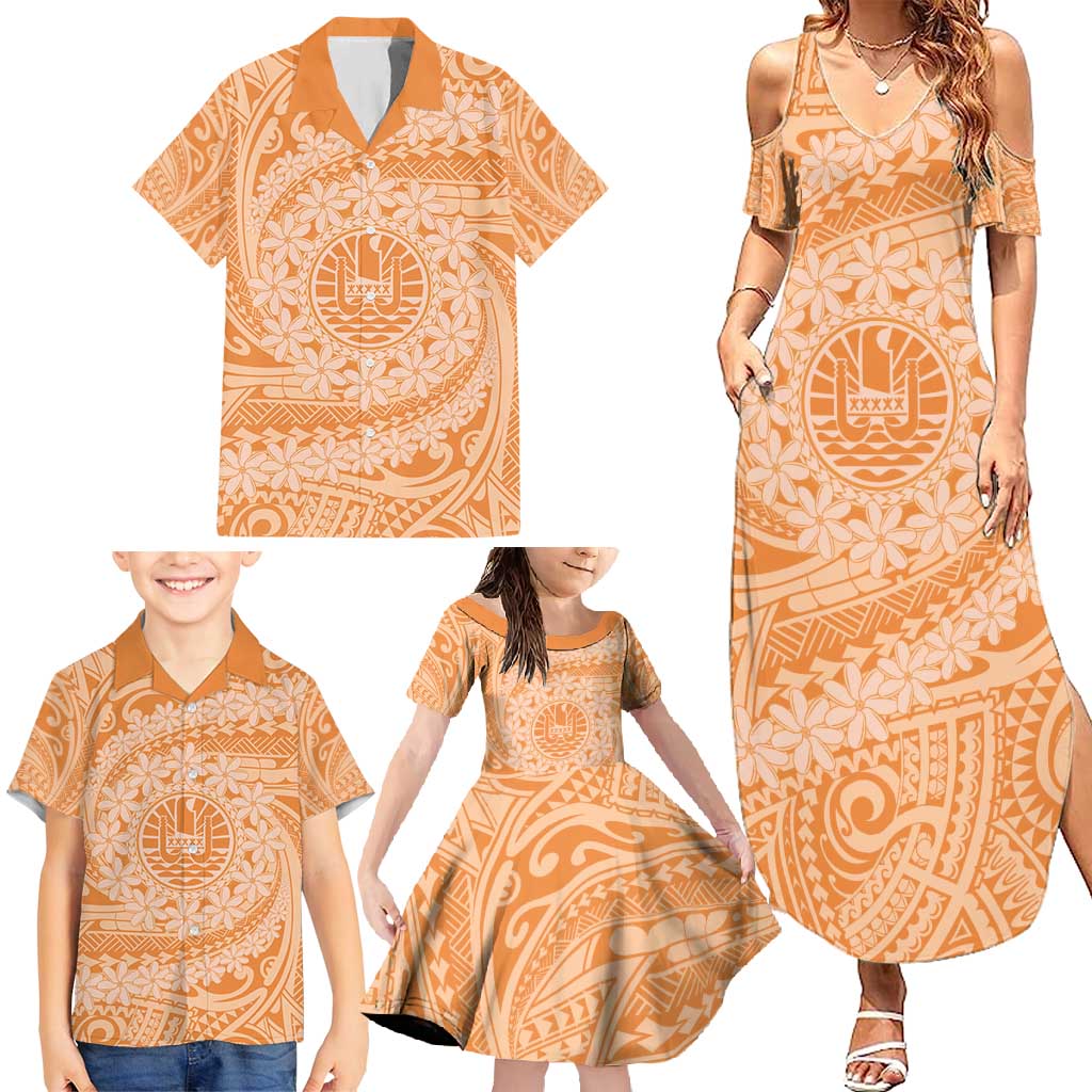 Tahitian Tiare Flower Family Matching Summer Maxi Dress and Hawaiian Shirt Gold Polynesian Pattern