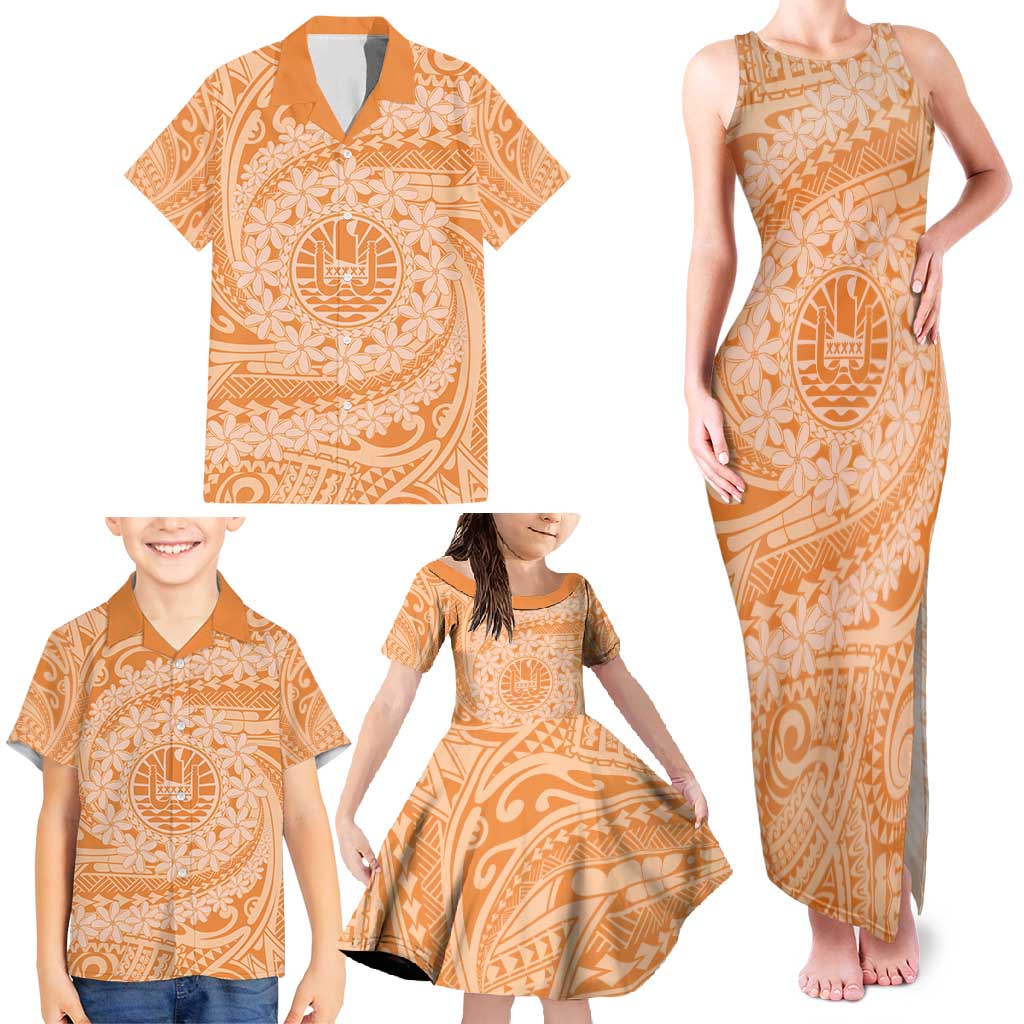 Tahitian Tiare Flower Family Matching Tank Maxi Dress and Hawaiian Shirt Gold Polynesian Pattern