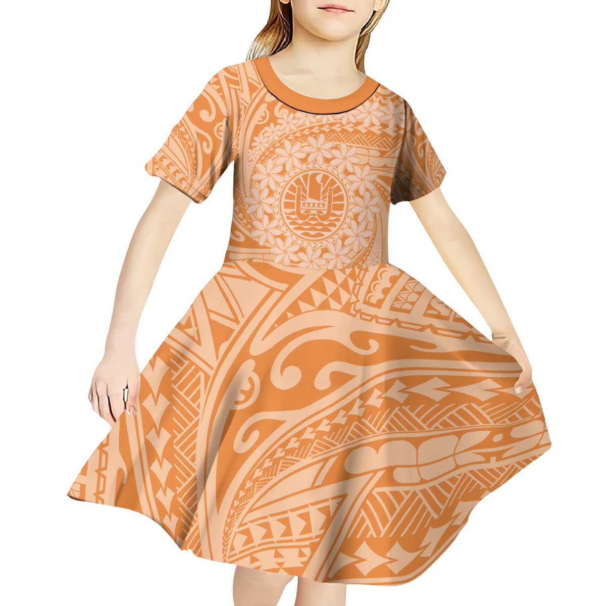 Tahitian Tiare Flower Kid Short Sleeve Dress Gold Polynesian Pattern LT9 - Polynesian Pride