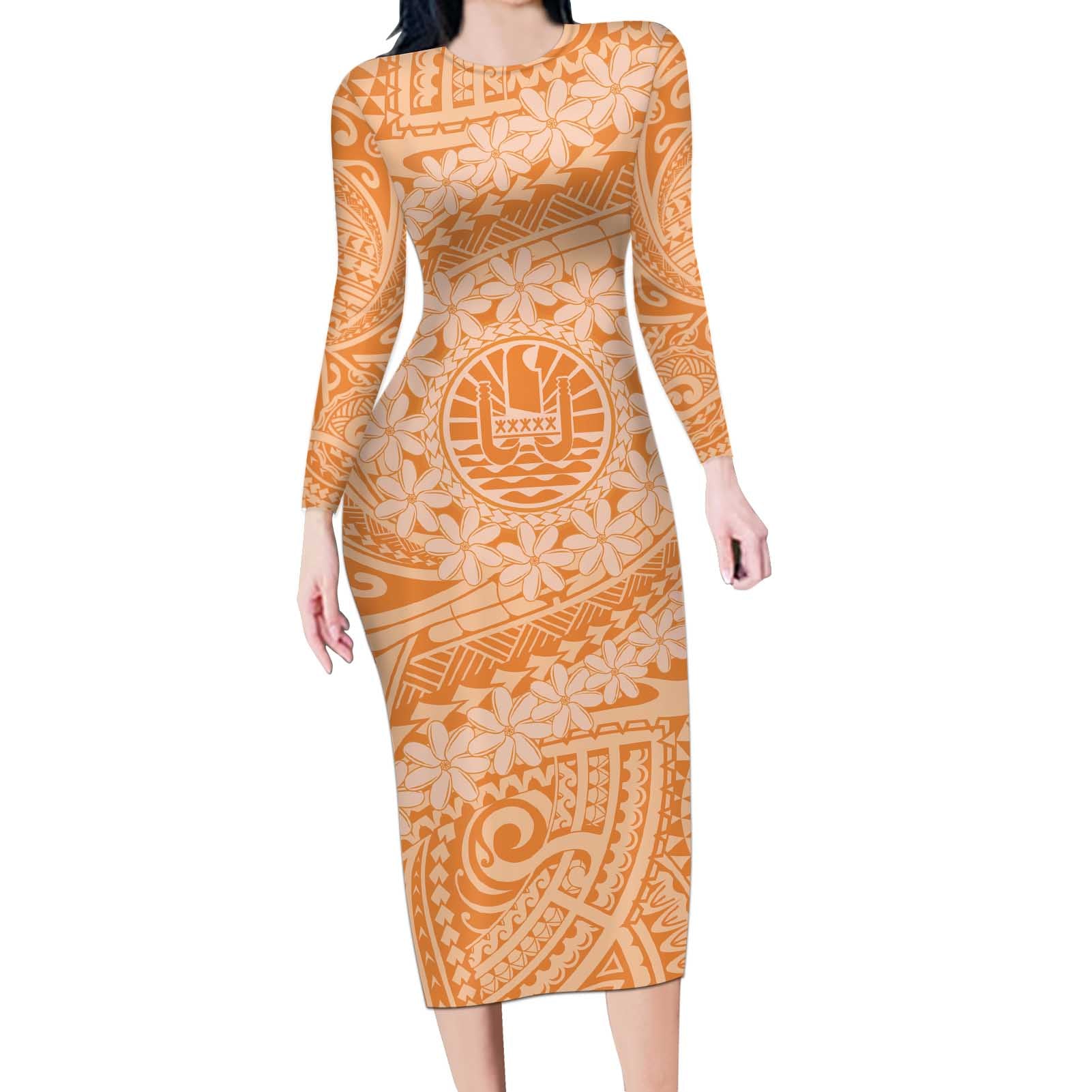 Tahitian Tiare Flower Long Sleeve Bodycon Dress Gold Polynesian Pattern