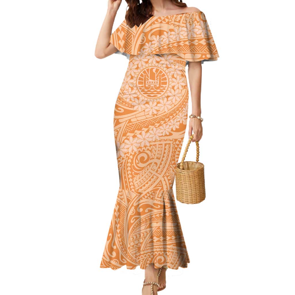 Tahitian Tiare Flower Mermaid Dress Gold Polynesian Pattern