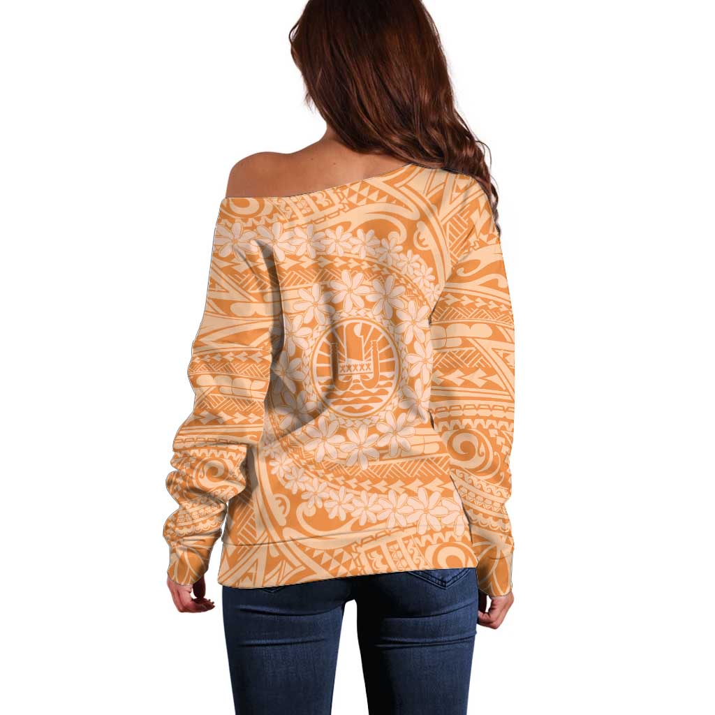 Tahitian Tiare Flower Off Shoulder Sweater Gold Polynesian Pattern LT9 - Polynesian Pride