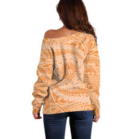 Tahitian Tiare Flower Off Shoulder Sweater Gold Polynesian Pattern LT9 - Polynesian Pride