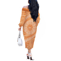 Tahitian Tiare Flower Off The Shoulder Long Sleeve Dress Gold Polynesian Pattern LT9 - Polynesian Pride