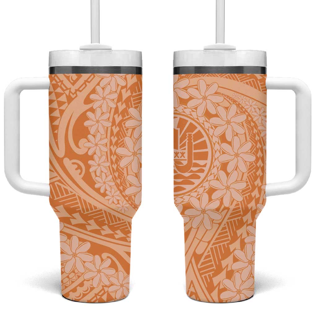 Tahitian Tiare Flower Tumbler With Handle Gold Polynesian Pattern