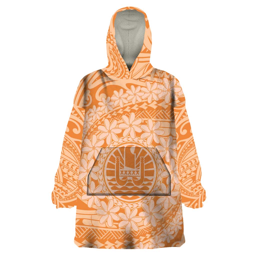 Tahitian Tiare Flower Wearable Blanket Hoodie Gold Polynesian Pattern