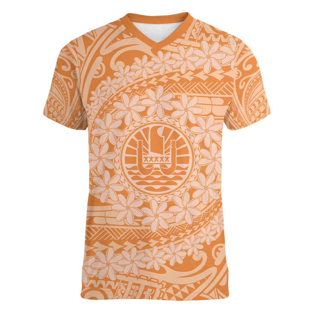 Tahitian Tiare Flower Women V-Neck T-Shirt Gold Polynesian Pattern