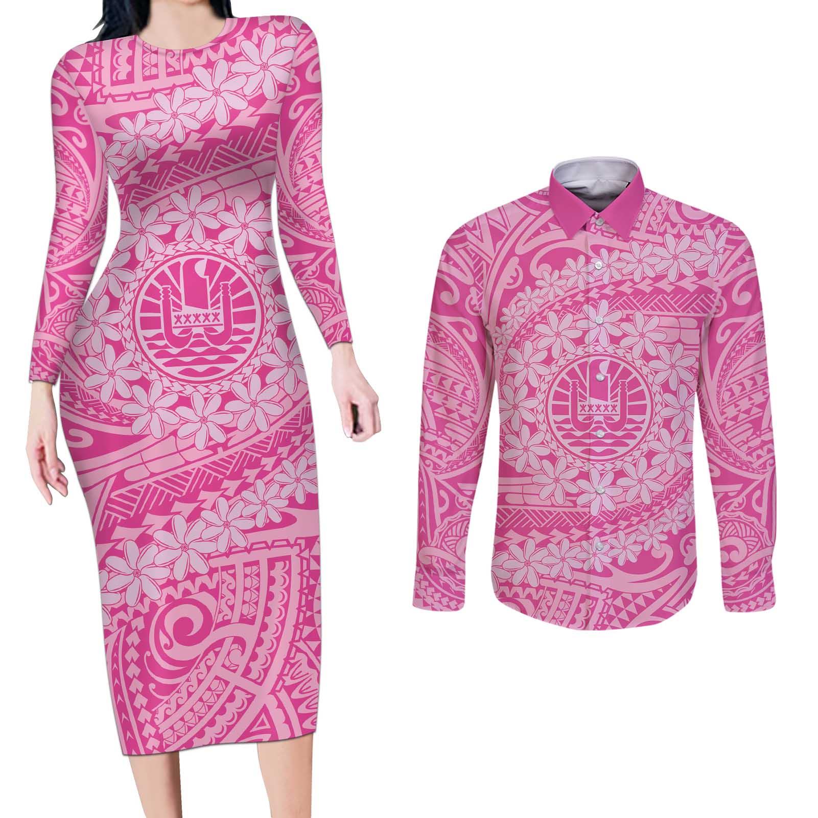 Tahitian Tiare Flower Couples Matching Long Sleeve Bodycon Dress and Long Sleeve Button Shirt Pink Polynesian Pattern