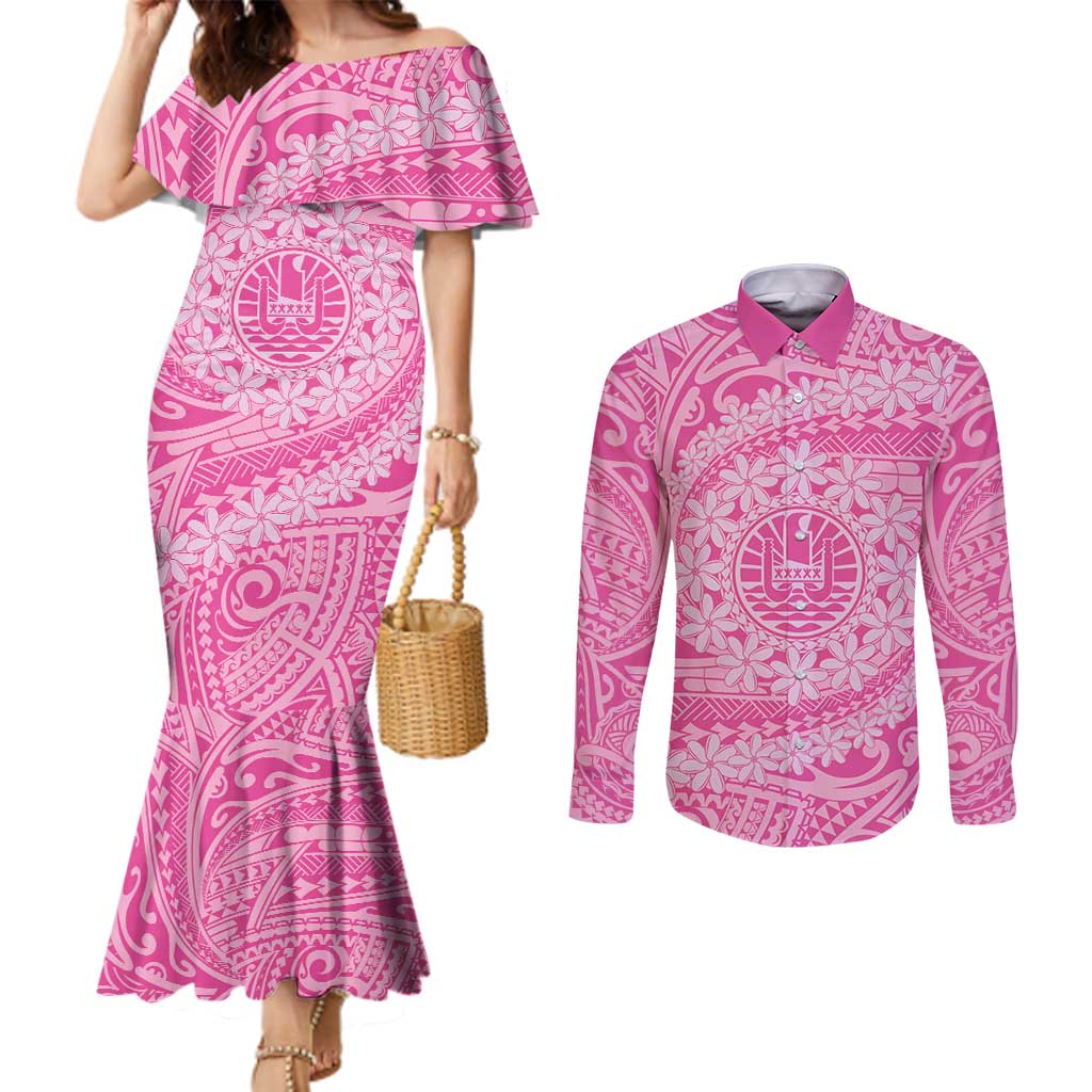 Tahitian Tiare Flower Couples Matching Mermaid Dress and Long Sleeve Button Shirt Pink Polynesian Pattern