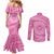 Tahitian Tiare Flower Couples Matching Mermaid Dress and Long Sleeve Button Shirt Pink Polynesian Pattern