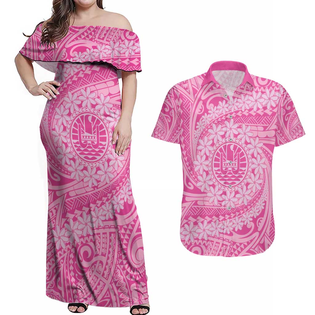 Tahitian Tiare Flower Couples Matching Off Shoulder Maxi Dress and Hawaiian Shirt Pink Polynesian Pattern