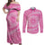 Tahitian Tiare Flower Couples Matching Off Shoulder Maxi Dress and Long Sleeve Button Shirt Pink Polynesian Pattern