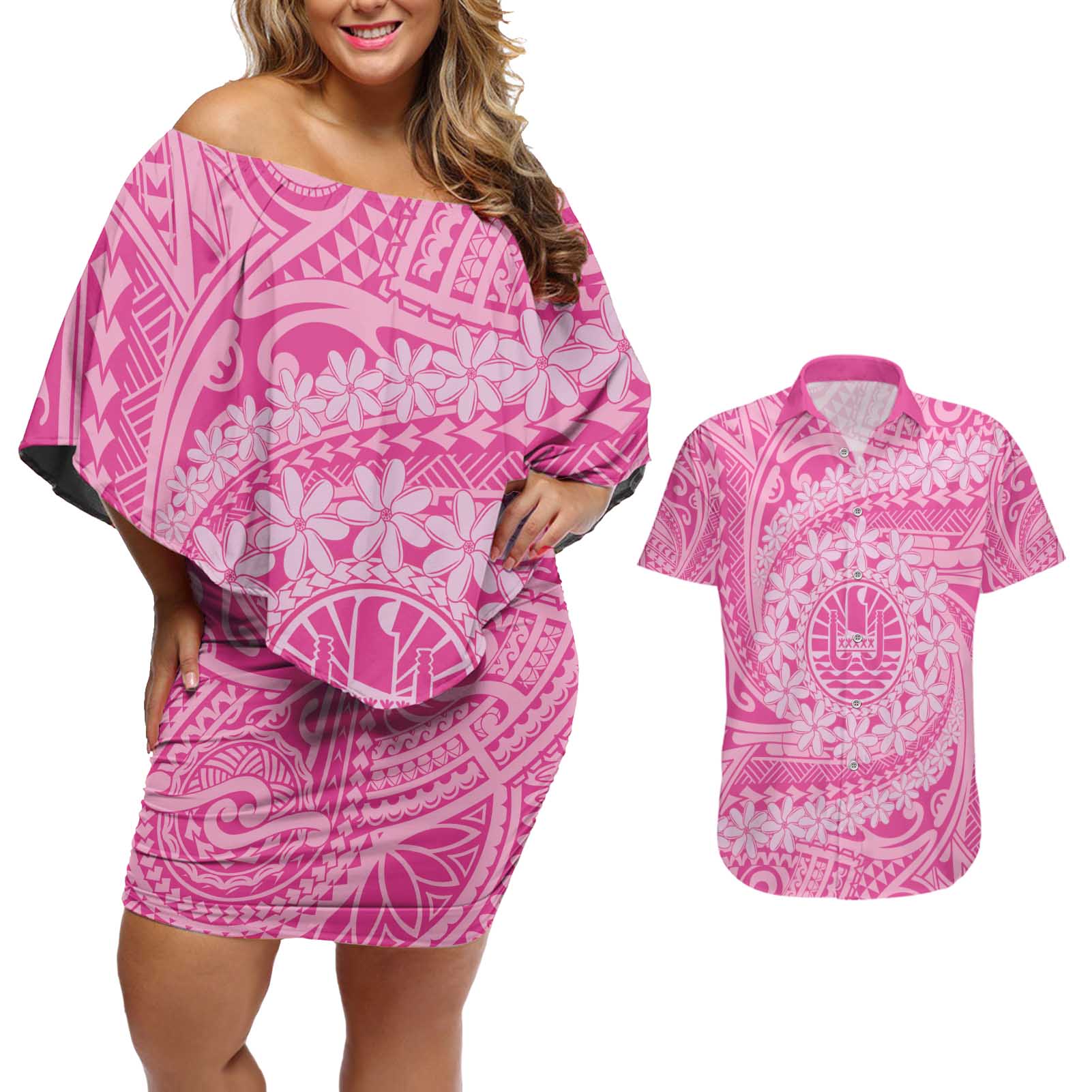 Tahitian Tiare Flower Couples Matching Off Shoulder Short Dress and Hawaiian Shirt Pink Polynesian Pattern