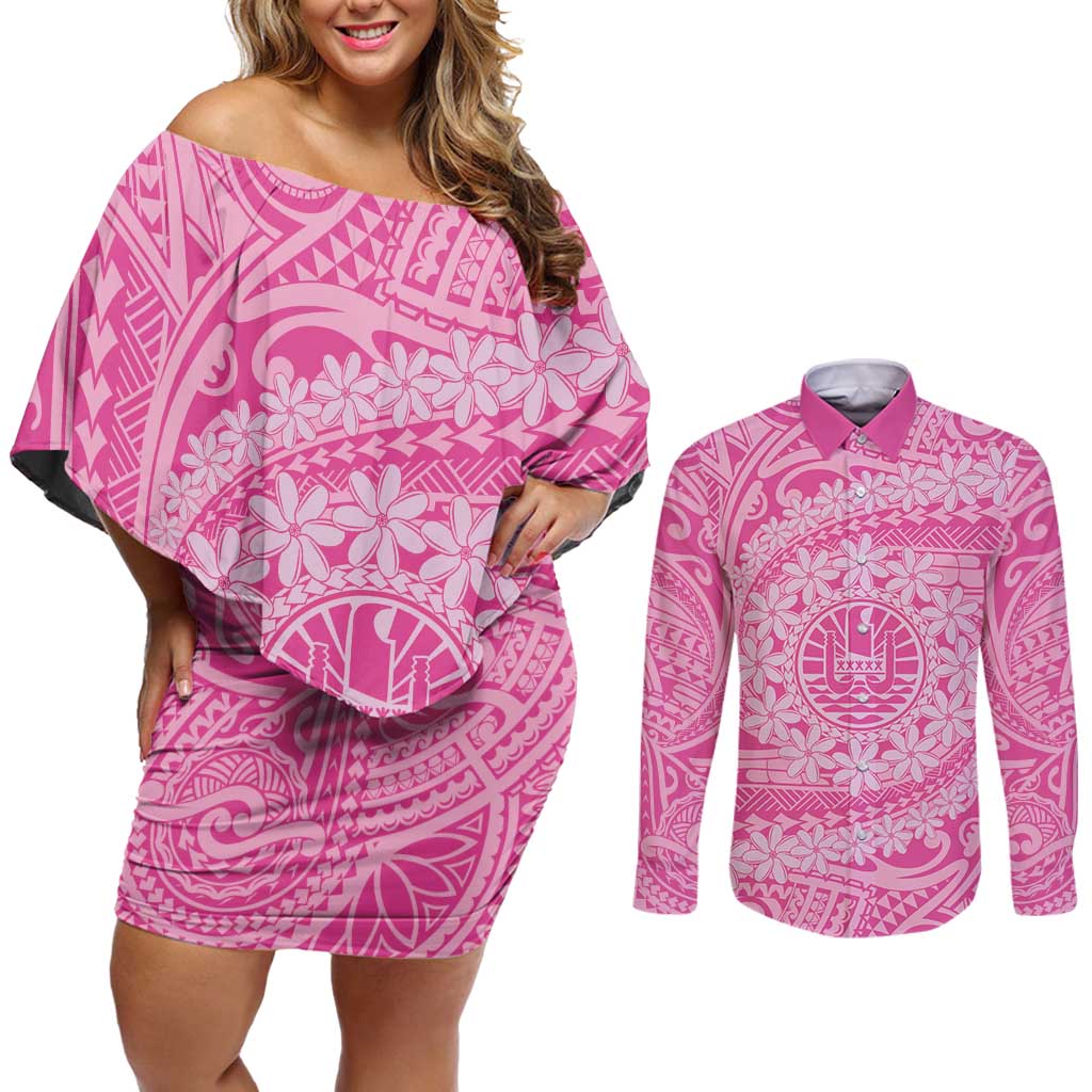 Tahitian Tiare Flower Couples Matching Off Shoulder Short Dress and Long Sleeve Button Shirt Pink Polynesian Pattern