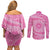 Tahitian Tiare Flower Couples Matching Off Shoulder Short Dress and Long Sleeve Button Shirt Pink Polynesian Pattern