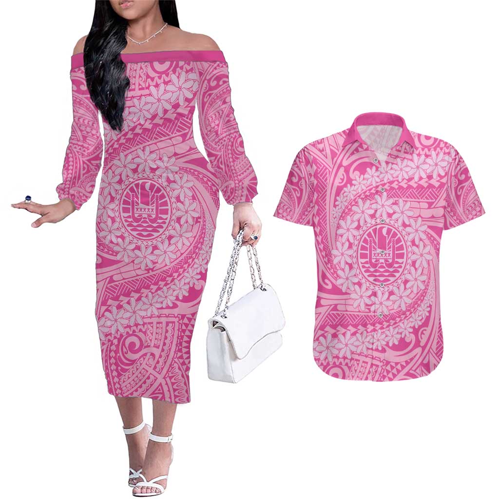 Tahitian Tiare Flower Couples Matching Off The Shoulder Long Sleeve Dress and Hawaiian Shirt Pink Polynesian Pattern