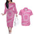 Tahitian Tiare Flower Couples Matching Off The Shoulder Long Sleeve Dress and Hawaiian Shirt Pink Polynesian Pattern