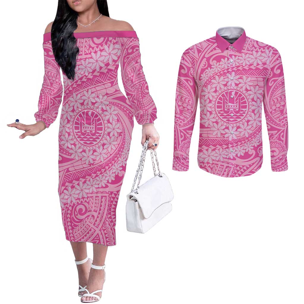 Tahitian Tiare Flower Couples Matching Off The Shoulder Long Sleeve Dress and Long Sleeve Button Shirt Pink Polynesian Pattern